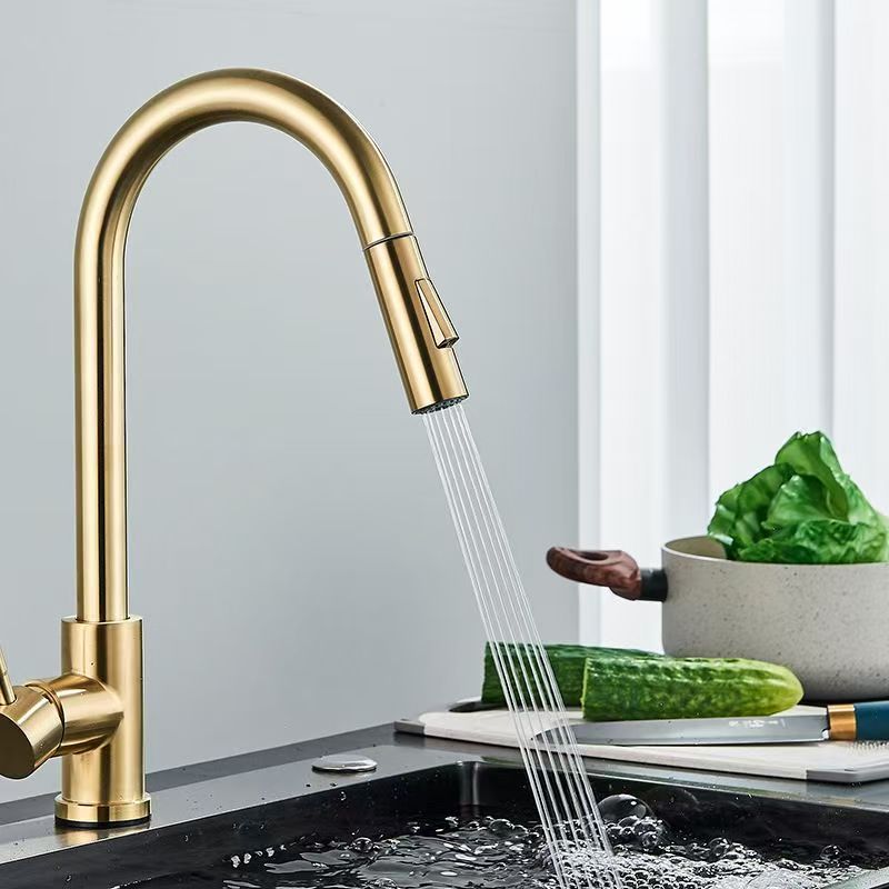 Foreign trade 304 stainless steel pull-out brushed gold kitchen faucet, cold and hot telescopic lead-free sink faucet details Picture