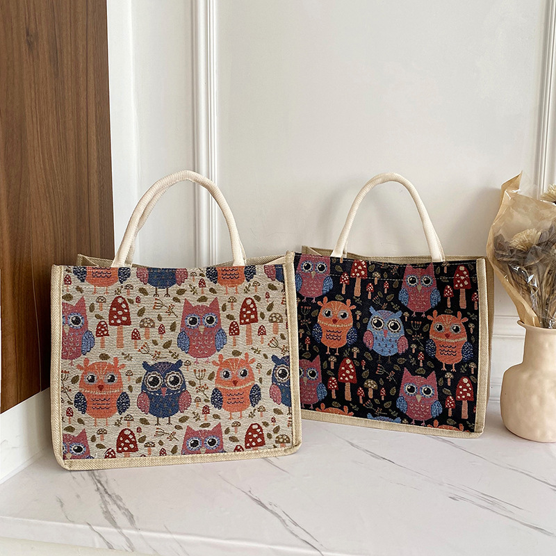 ins linen fashion tote bag for ladies, cute, niche and stylish canvas bag, Korean cartoon casual bento bag full figure