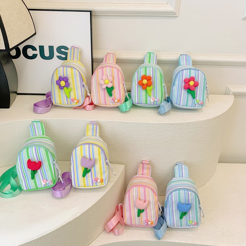 Cute and childlike cartoon kindergarten chest bag, fresh floral striped crossbody bag, portable single-shoulder bag for outdoor sports, girls full figure