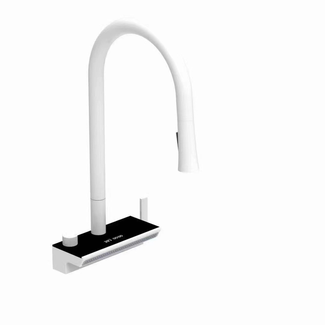 The kitchen is equipped with a universal all-copper digital display hot and cold sink faucet that can be pulled out like a flying rain waterfall Item Picture