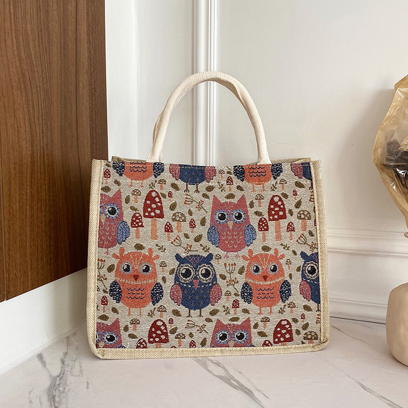 ins linen fashion tote bag for ladies, cute, niche and stylish canvas bag, Korean cartoon casual bento bag details Picture