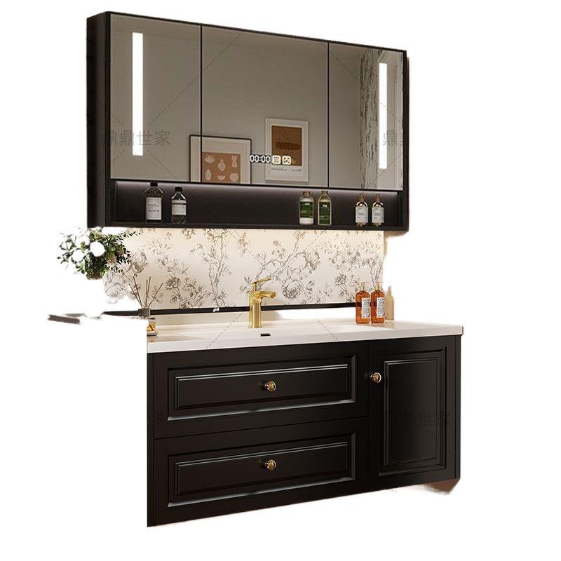 Retro French, Chinese black, American paint-free multi-layer solid wood ceramic integrated bathroom cabinet set Item Picture