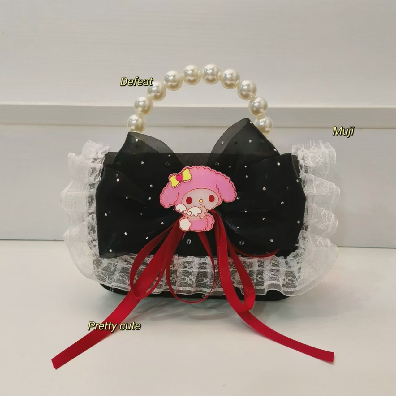 Melody pearl handbag, crossbody bag, accessories, small square bag, chain bag, bow, lace, children's chain bag, trendy Specification drawing