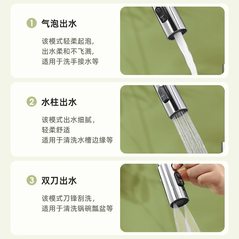 Kitchen universal faucet, multi-functional scraper, rotatable anti-splash bubbler, universal pressure-increasing extender, faucet Specification drawing