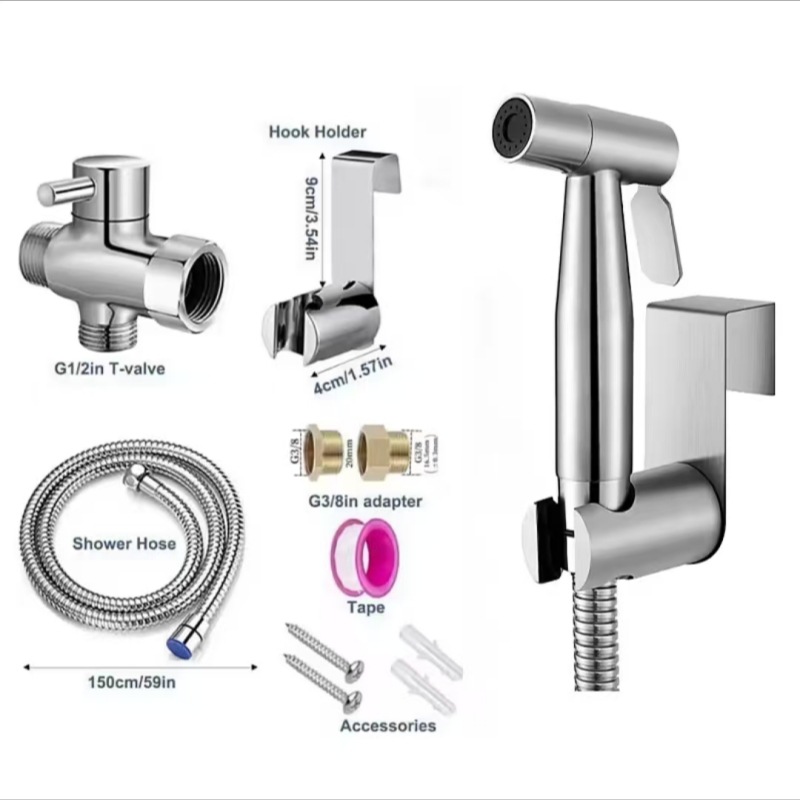 Stainless steel pressurized bidet shower head set, bathroom toilet toilet flushing spray gun, household handheld small shower head full figure