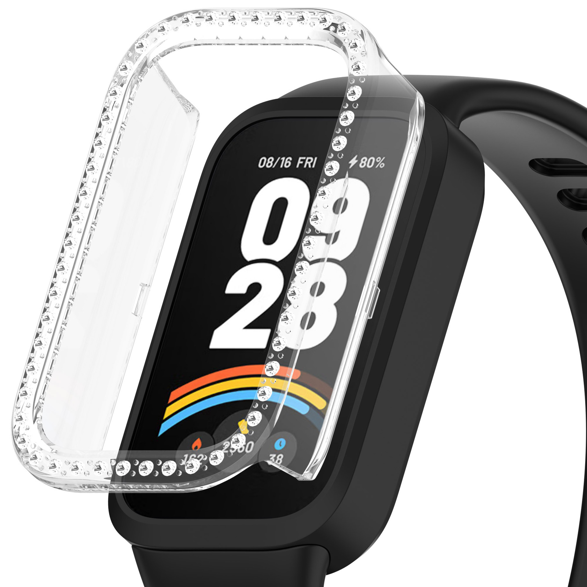 Suitable for Redmi Band 3 with diamond protective case, Xiaomi Band 9active with diamond protective case, half-pack PC with diamond inset case Item Picture