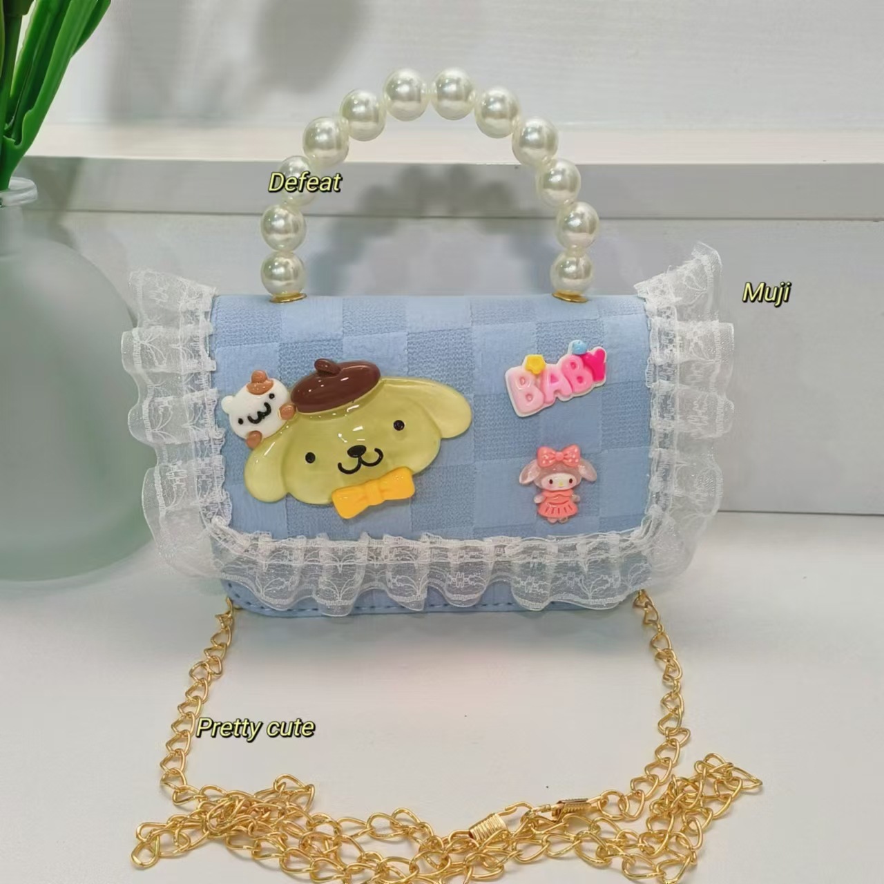 Pearl handbag, crossbody bag, princess bag, loose change, small square bag, chain bag, princess bag, Melody, Kuromi, children Application Scenario