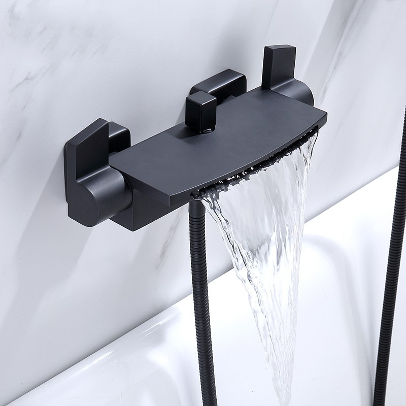 Wall-mounted bathtub faucet, brass waterfall triple cold and hot shower head set, American-style concealed apartment wall wine Application Scenario