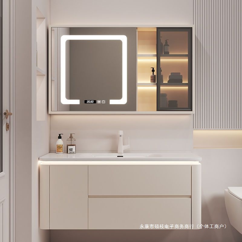 Simple cream-style washbasin, ceramic integrated basin, modern bathroom, smart solid wood bathroom cabinet set, combined washbasin details Picture