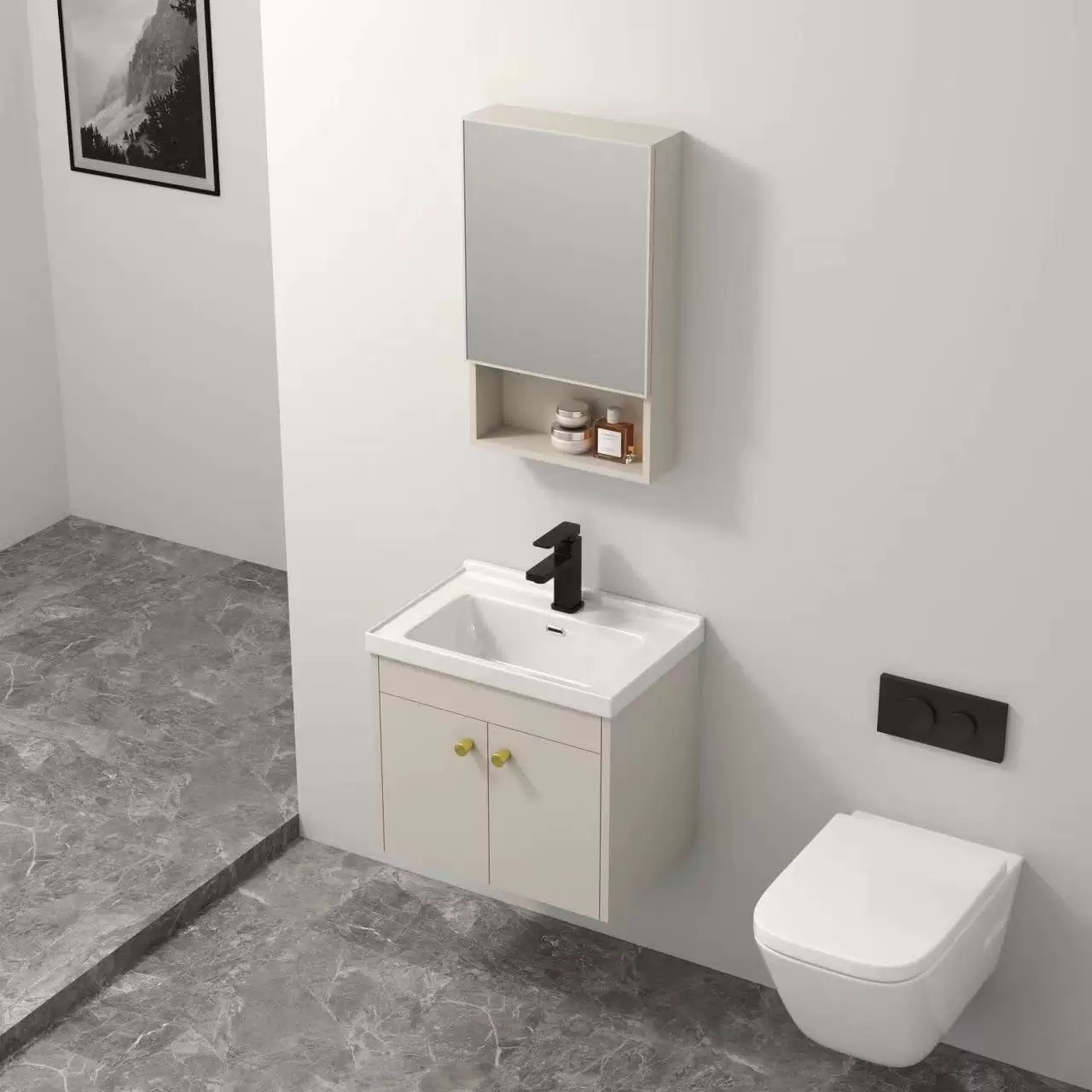 Cream-style space aluminum bathroom cabinet, combined bathroom ceramic integrated basin, hand washing basin, washbasin and washbasin Application Scenario