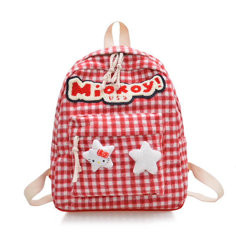 The large-capacity red woolen checkered backpack for primary and secondary school students is a unique and versatile choice. It's a trend for girls to carry backpacks during their leisure trips Item Picture