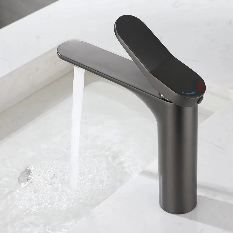 Cross-border engineering foreign trade hot and cold water faucet, copper core brushed, gold gun gray, washbasin, countertop basin, raised faucet Specification drawing