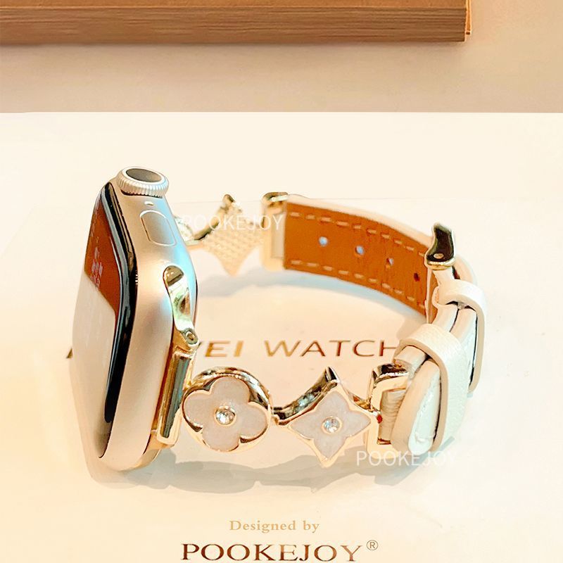 Suitable for Applewatch straps: Apple Watch four-leaf flower leather metal s8 leather strap, s10 high-end feel, s9 full figure