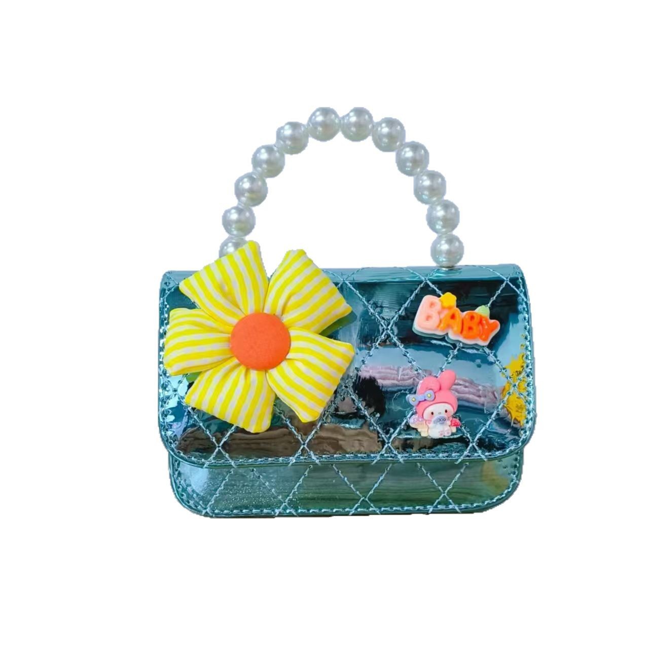 Cartoon pearl hand-held crossbody bag, girl's coin purse, flower laser, Children's Day gift for girls, chain small square bag Item Picture
