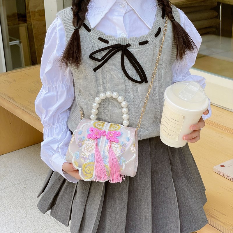 New children's ancient-style bag, fashionable embroidered princess crossbody bag, stylish girl Hanfu accessory pearl handbag Specification drawing
