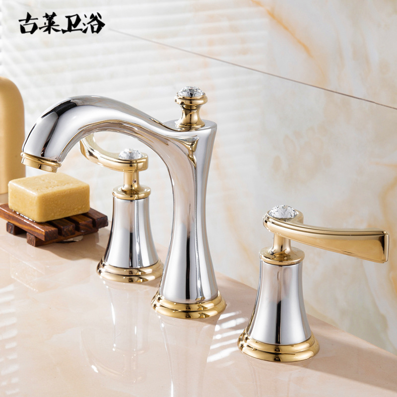 European-style three-hole 8-inch washbasin faucet, all-copper bathroom cabinet, three-piece set of split faucet, titanium gold cold and hot water faucet Specification drawing