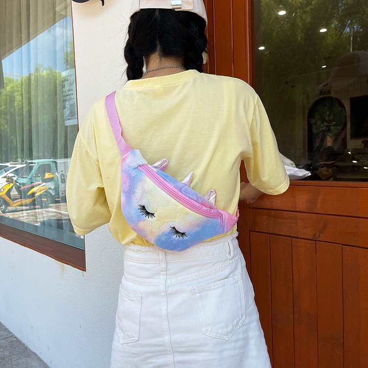 2021 New Style Girl Cartoon unicorn waist bag, Glitter Rainbow Glitter children's single-shoulder bag, primary school student chest bag Specification drawing