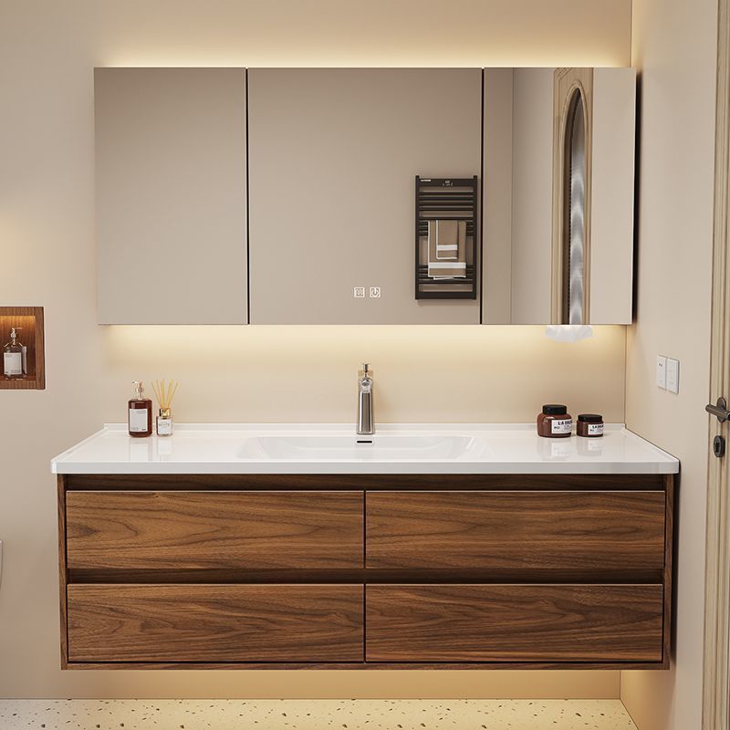 New walnut wood color double-drawer bathroom cabinet, bathroom washbasin and washbasin set with ceramic integration Specification drawing