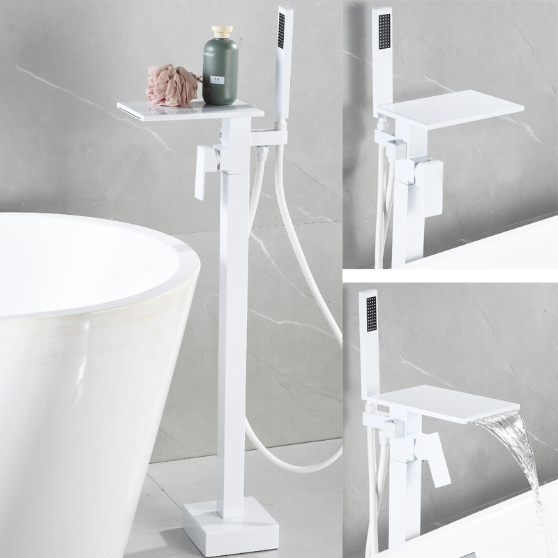 Square black and white gold edge floor-standing waterfall, rotating floor-standing bathtub, faucet, shower head, single handle, upright full figure