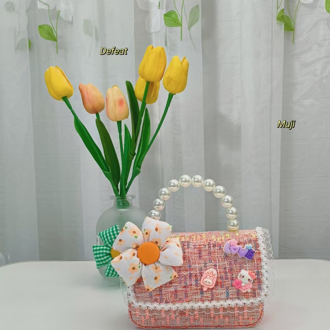 Flower pearl handbag, princess bag, sequined shoulder bag, little girl crossbody bag, small square bag, loose change accessory bag details Picture