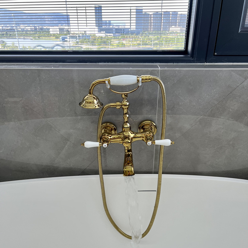 French retro brass chrome-plated wall-mounted shower head set, electroplated simple bathtub, telephone with ceramic faucet Specification drawing