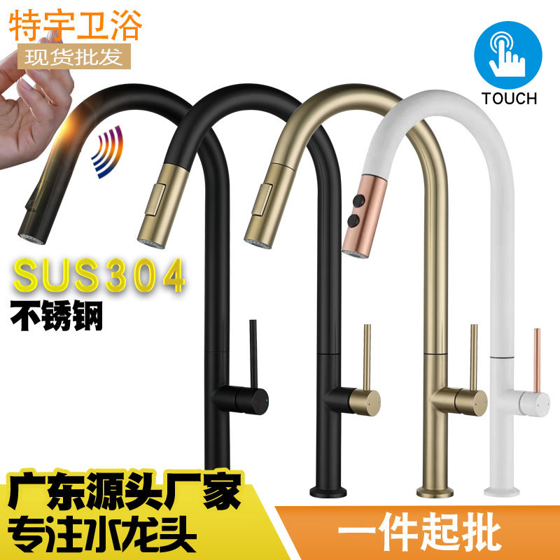 Factory direct batch 304 stainless steel European and American style black and white brushed gold exquisite touch kitchen pull-out faucet full figure
