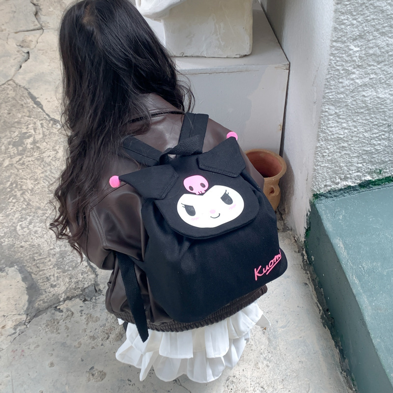 Children's backpacks, canvas cartoon Kuromi fashionable small backpacks, girls' light and cute bags for going out details Picture