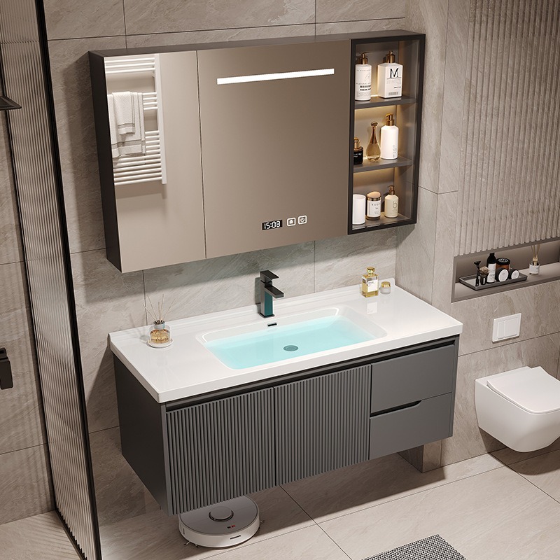 High-end oak bathroom cabinet, ceramic integrated basin, direct sales from hotel source manufacturer, light luxury and intelligent details Picture