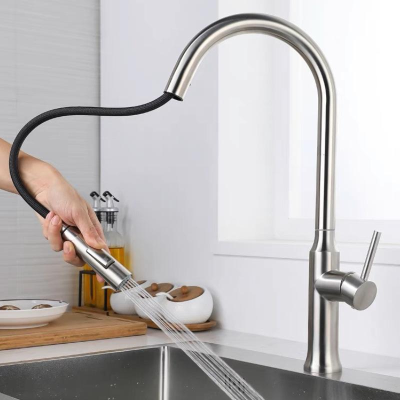 Black kitchen pull-out faucet, dual-mode hot and cold water outlet for the sink, foreign trade gun gray Grohe faucet details Picture