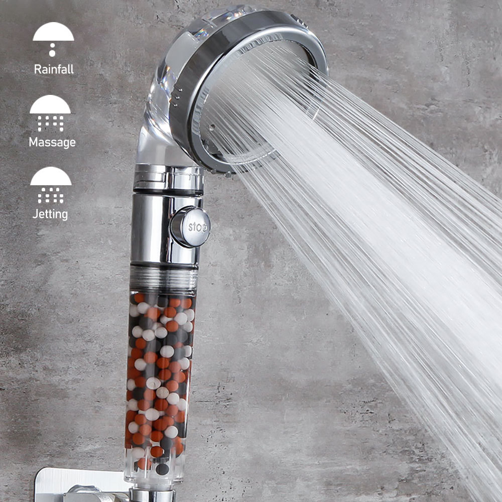 Three-piece set of cross-border three-level water outlet filtration waterstop showerhead, pressurized shower head, negative ion water purification showerhead details Picture