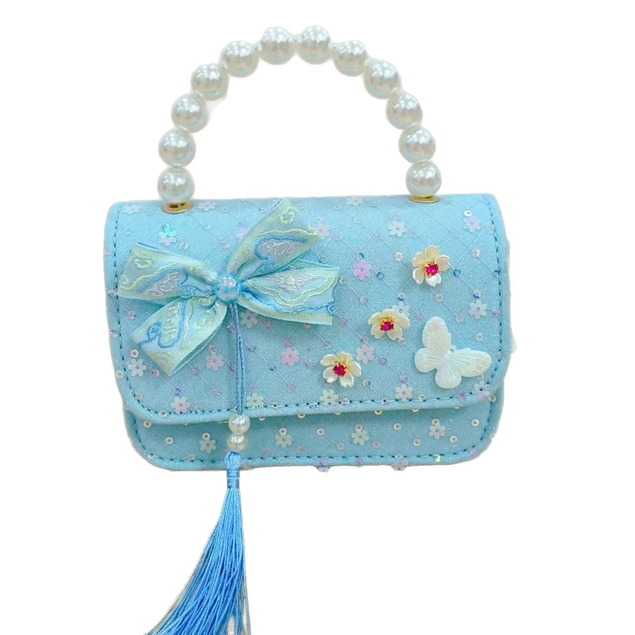 Children's little chanel-style single-shoulder high-end girl ancient-style coin purse princess pearl hand-held Hanfu accessory crossbody bag Item Picture