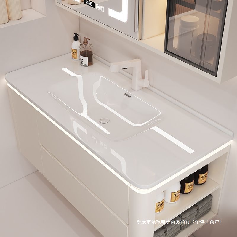 Simple cream-style washbasin, ceramic integrated basin, modern bathroom, smart solid wood bathroom cabinet set, combined washbasin Specification drawing