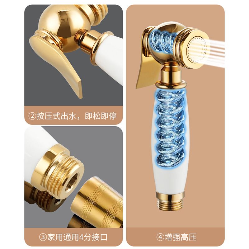 French-style all-copper bathroom high-pressure cleaning showerhead, water gun, nozzle, toilet spray gun companion, one in and two out details Picture