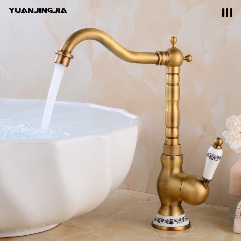 French retro copper washbasin faucet, household balcony washbasin, countertop basin, hot and cold rotatable kitchen faucet full figure