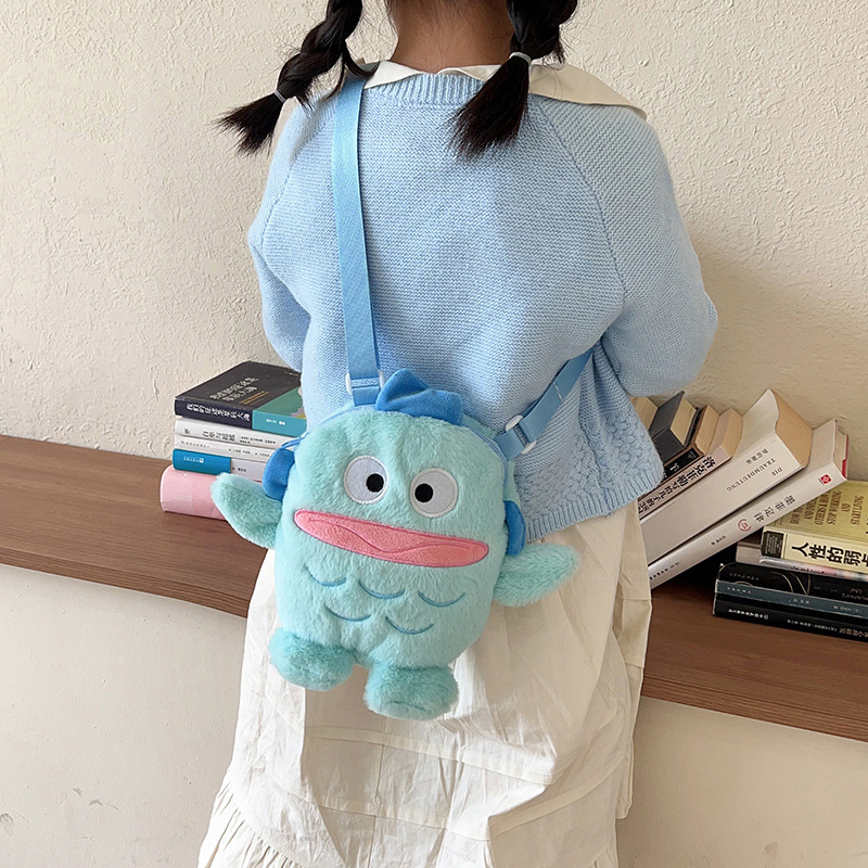 A funny and cute little fish monster girl single-shoulder bag, a new winter casual, versatile and fashionable plush crossbody handbag details Picture