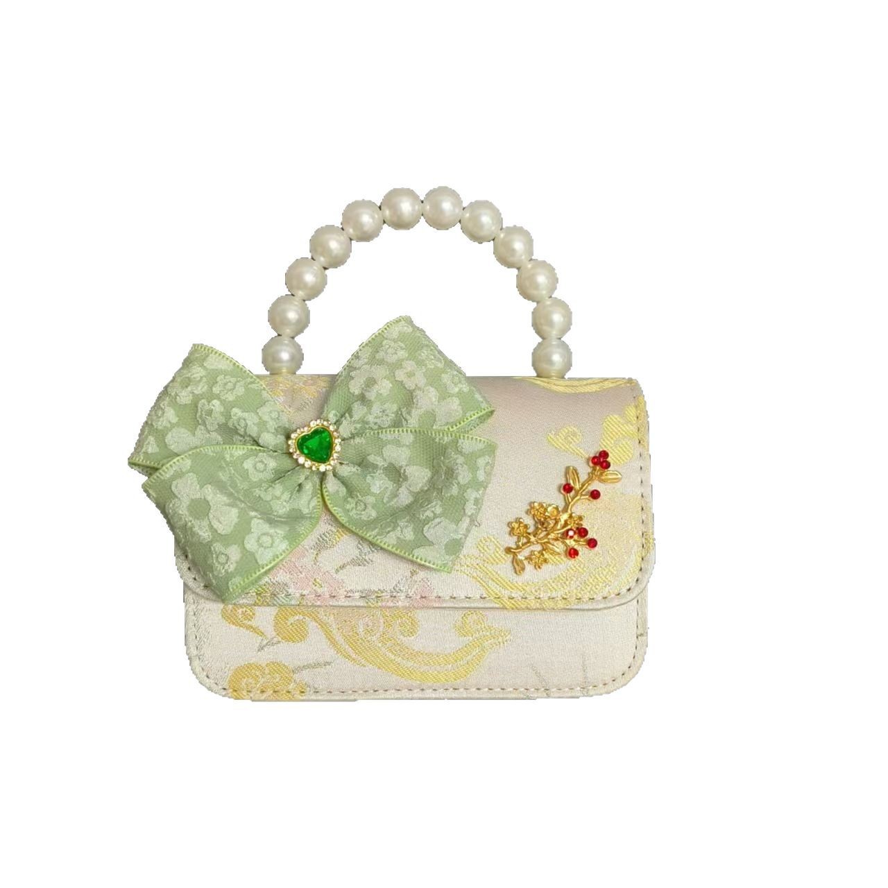New children's bags: girls' single-shoulder bag, cute princess pearl handbag, bow, traditional Chinese style crossbody bag, small square bag Item Picture