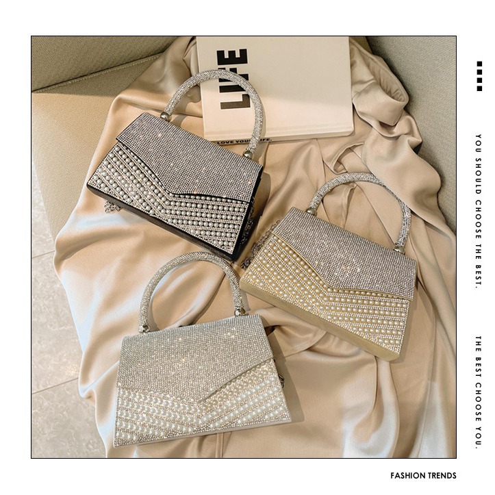 2025 Summer New fashion women's pearl evening bag, European and American water diamond pearl dinner bag, handbag, crossbody bag full figure