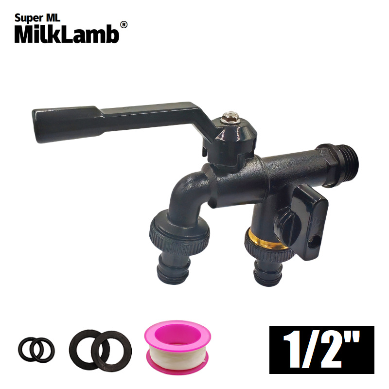 Cross-border exclusive 1/2 garden double water outlet brass faucet, one inlet and two outlets double pacifier nano black copper faucet full figure