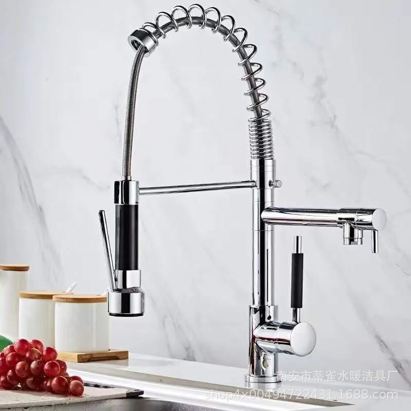 Cross-border stainless steel high-pressure spring kitchen faucet, pull-out cold and hot sink, sink for washing vegetables, double water outlet with spray gun full figure