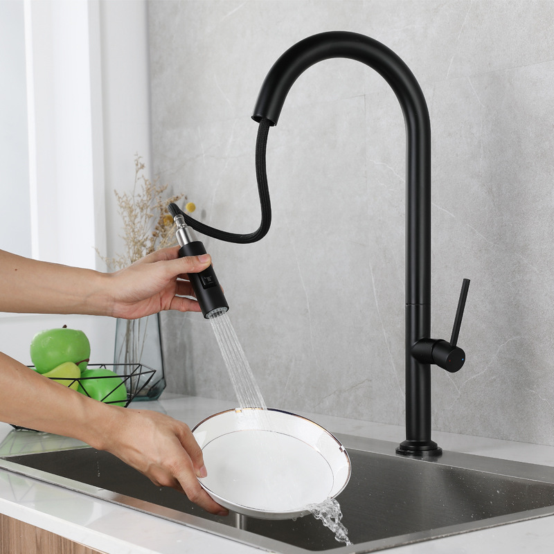 Factory direct batch 304 stainless steel European and American style black and white brushed gold exquisite touch kitchen pull-out faucet Application Scenario