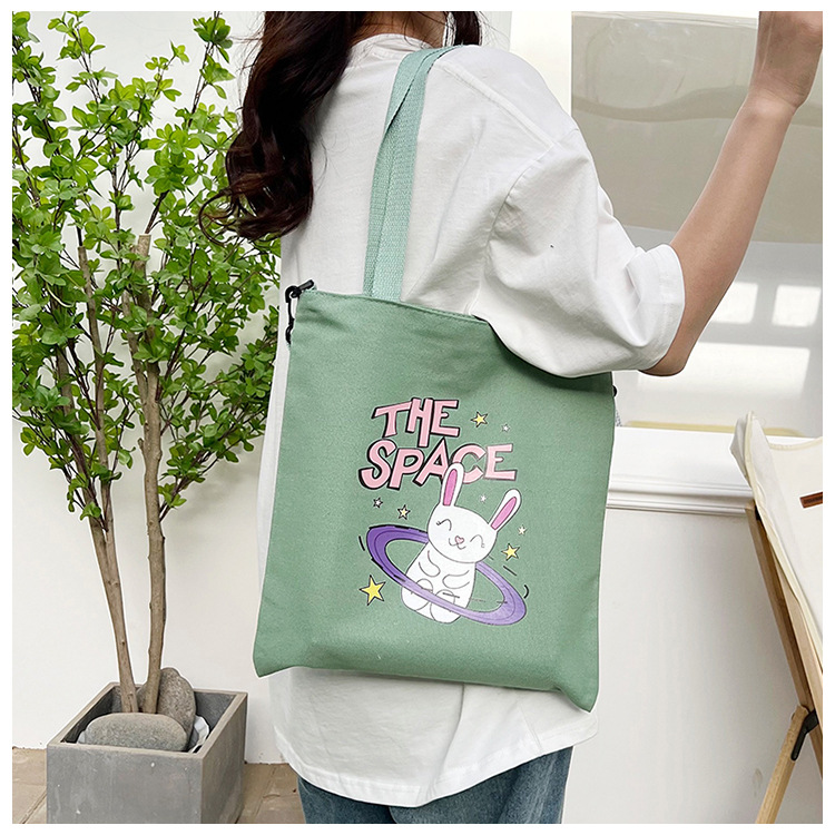 Cute student canvas bags in stock and hot sale. Cartoon rabbit printed tote bags, fashionable and simple shopping bags wholesale Application Scenario