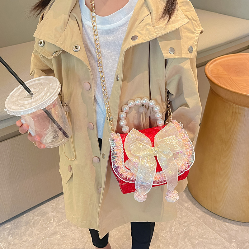 Pearl Children's Handbag 2024 New Style, Girls' bow crossbody bag, Fashionable princess, cotton and linen accessories, coin purse details Picture