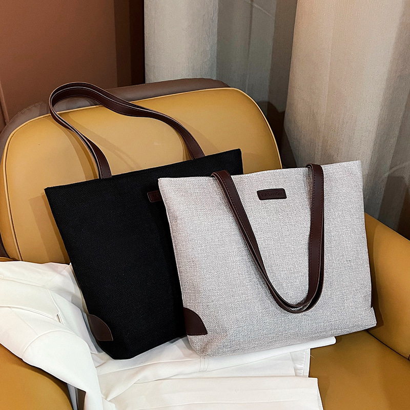 Hot-selling cotton and linen casual tote bags, large-capacity hand-held bucket bags, fashionable and simple solid-color single-shoulder bags, cross-border wholesale full figure