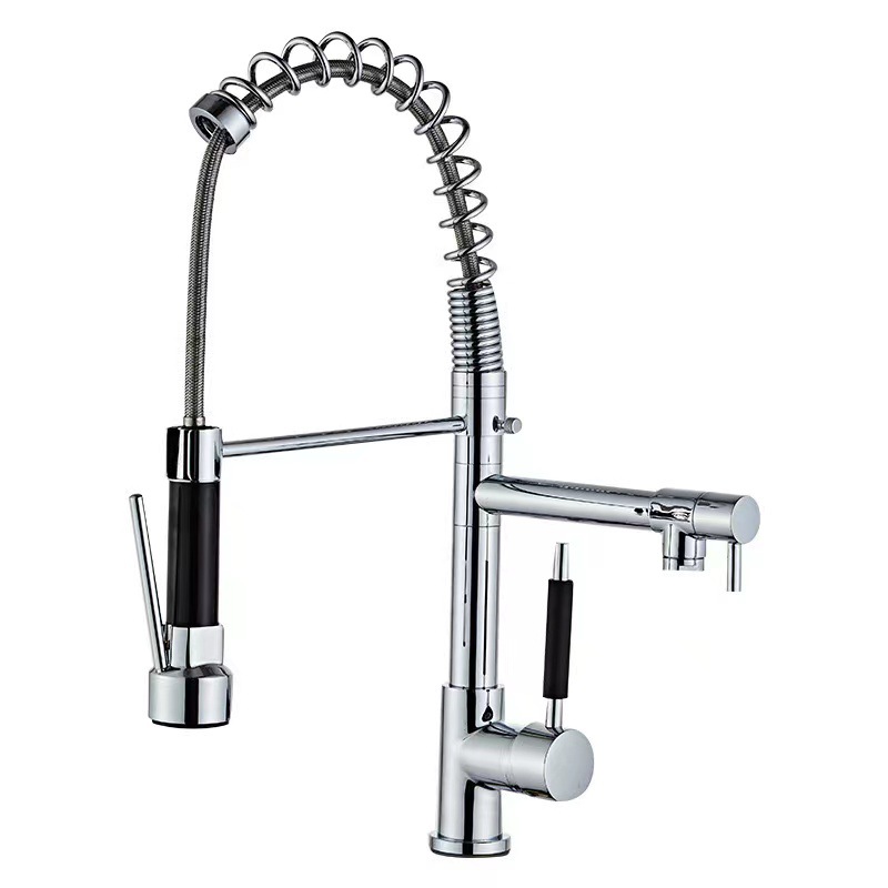 Kitchen spring dual-water faucet, pull-out multi-functional rotatable dual-water outlet for cooling and heating dishes, pressurized faucet Item Picture