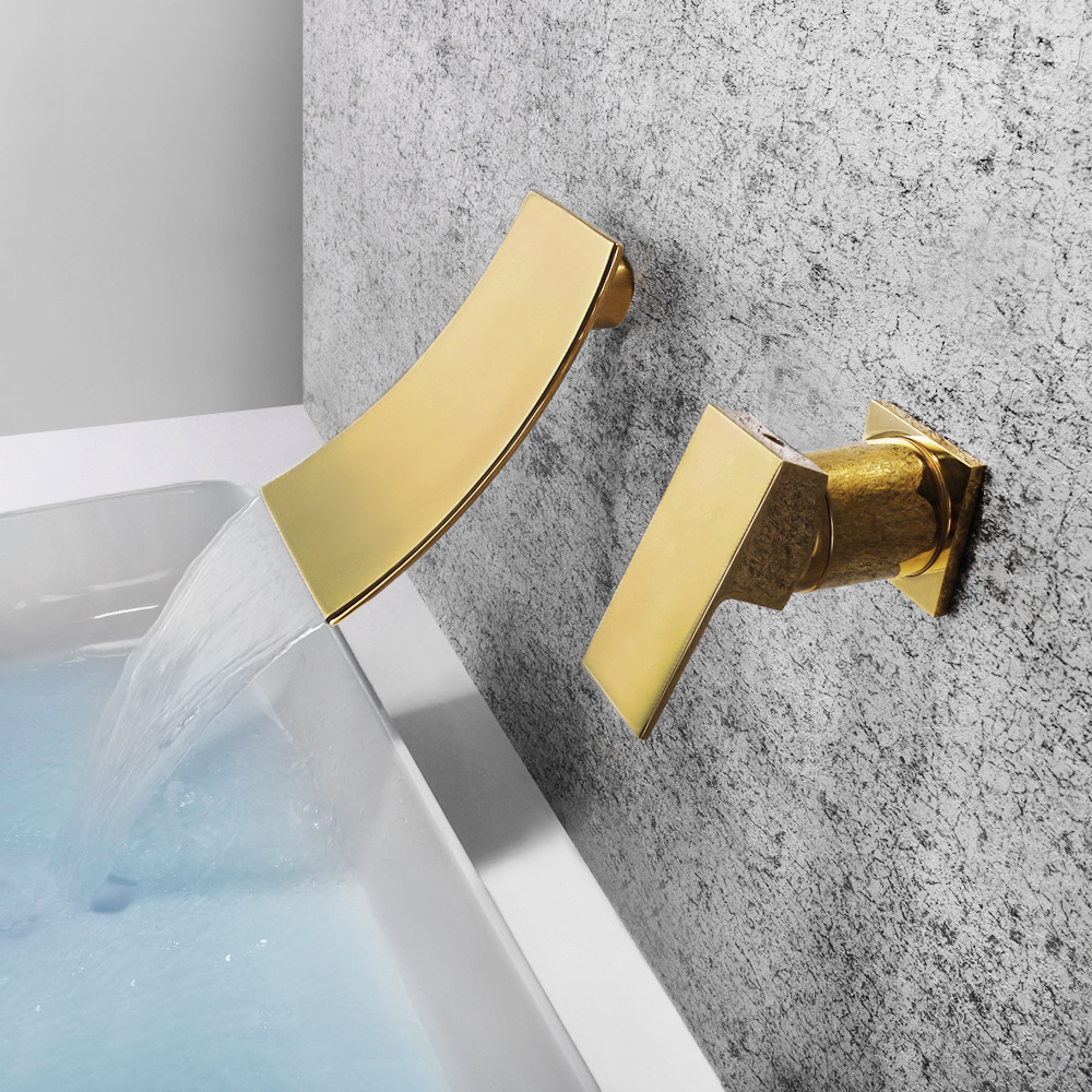 Cross-border brass washbasin faucet waterfall water outlet single, cold and hot mixed water is concealed in the wall-mounted bathroom countertop basin details Picture