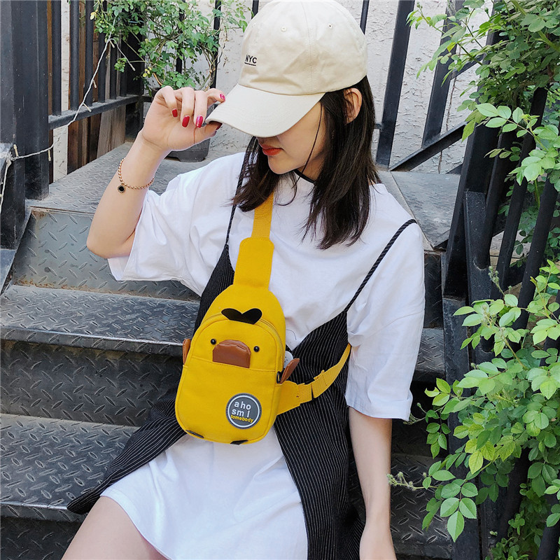 Cartoon 2024 new style canvas chest bag, Korean version cute little yellow duck nylon crossbody phone bag, crossbody bag full figure