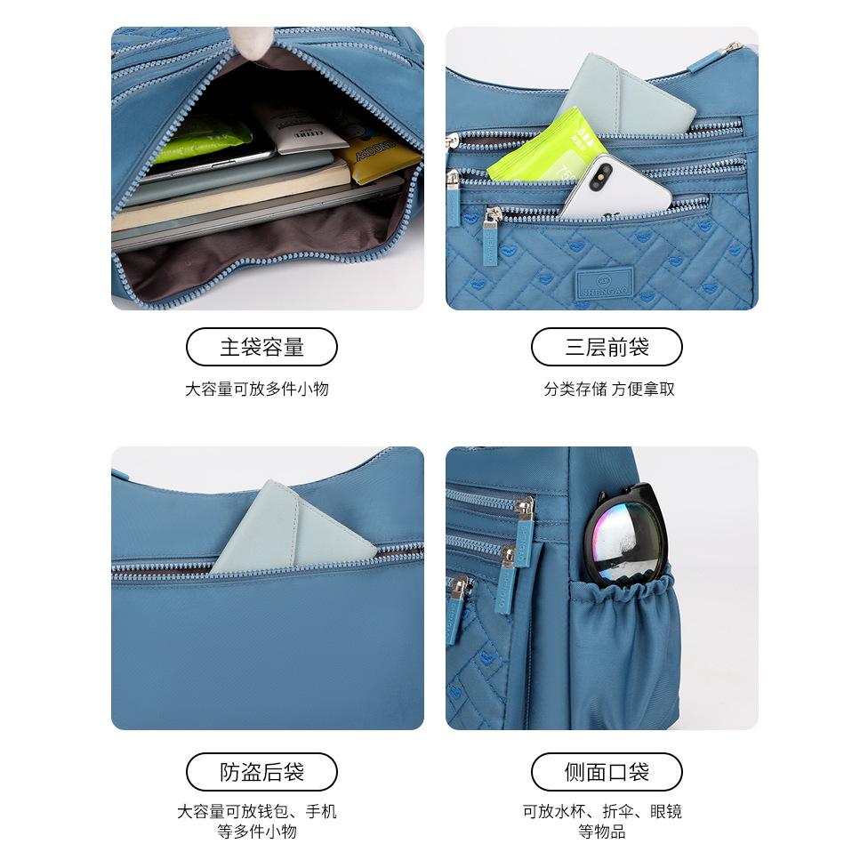 New women's crossbody bag, nylon fashionable embroidered single-shoulder bag, large-capacity multi-layer simple middle-aged mom bag Specification drawing