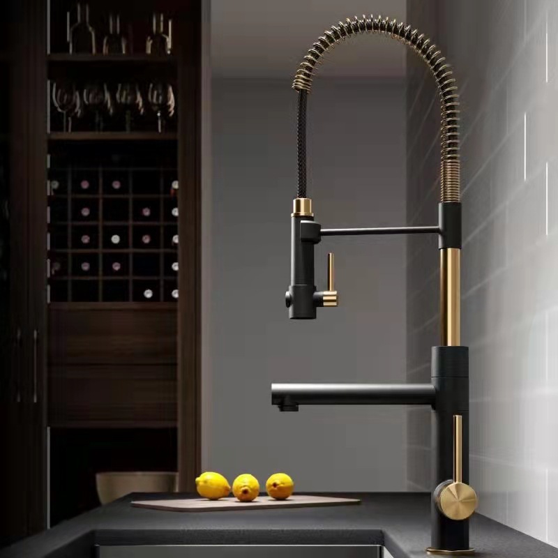 The contemporary all-copper cold and hot single handle island kitchen from Germany features a magnetic sink for washing vegetables, a pull-out flower shower, and a rotatable faucet details Picture