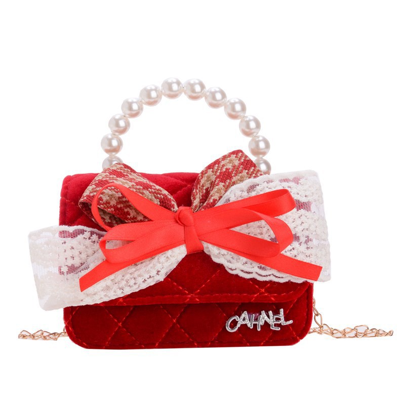 New red New Year greeting pearl handbag for children, cute princess girl single-shoulder bag, stylish chain crossbody bag Item Picture