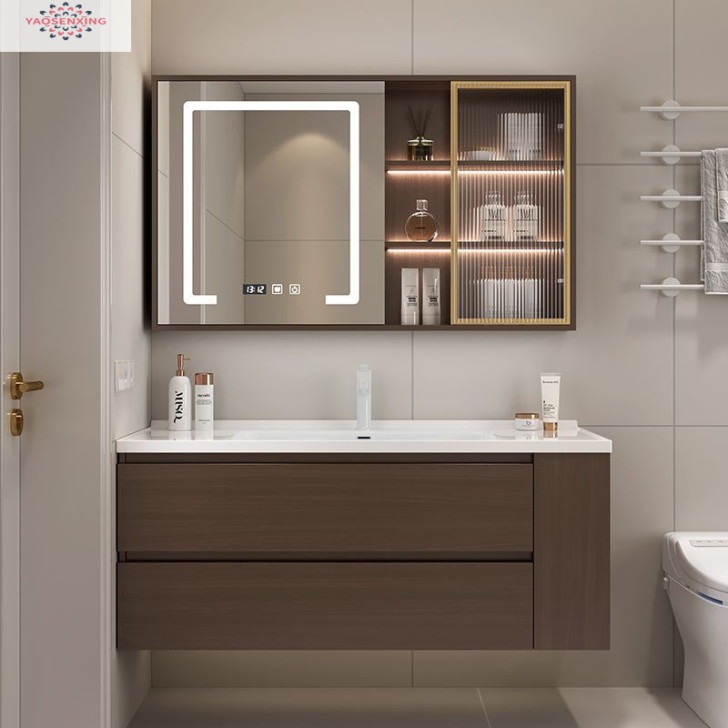 New walnut wood side cabinet, ceramic integrated basin, bathroom cabinet combination, bathroom washbasin, smart hand washing basin full figure